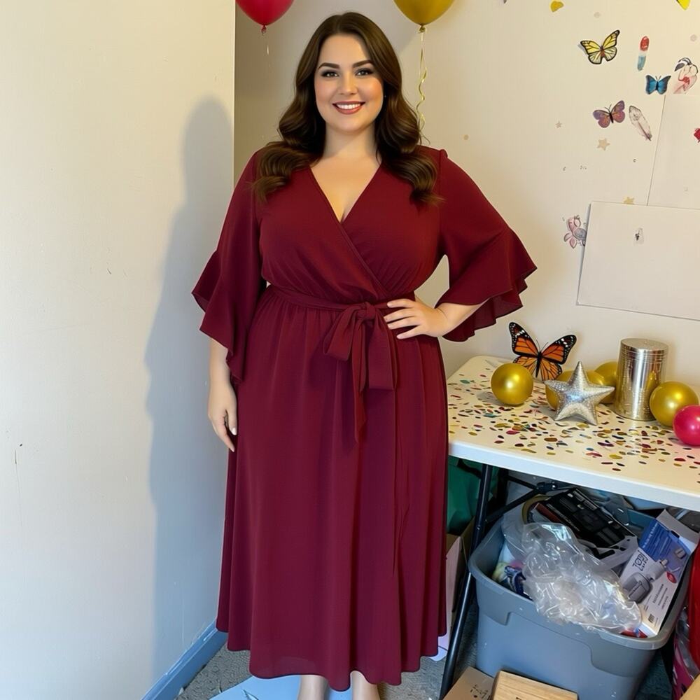 Cicidudu 1XL Burgundy Party Maxi Dress Bell Sleeve Smocked Waist V Neck TieWaist